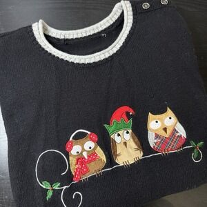 CJ Banks Sweater Womens L Black Holiday Owls Christmas Knit Ugly Collar Buttons